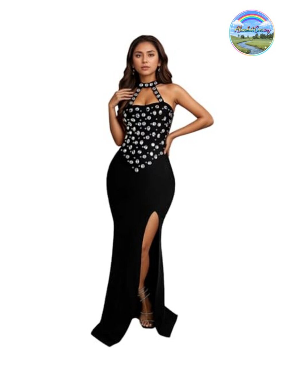 Rhinestone Mesh See Through Halter Mermaid Club Night Prom Dress